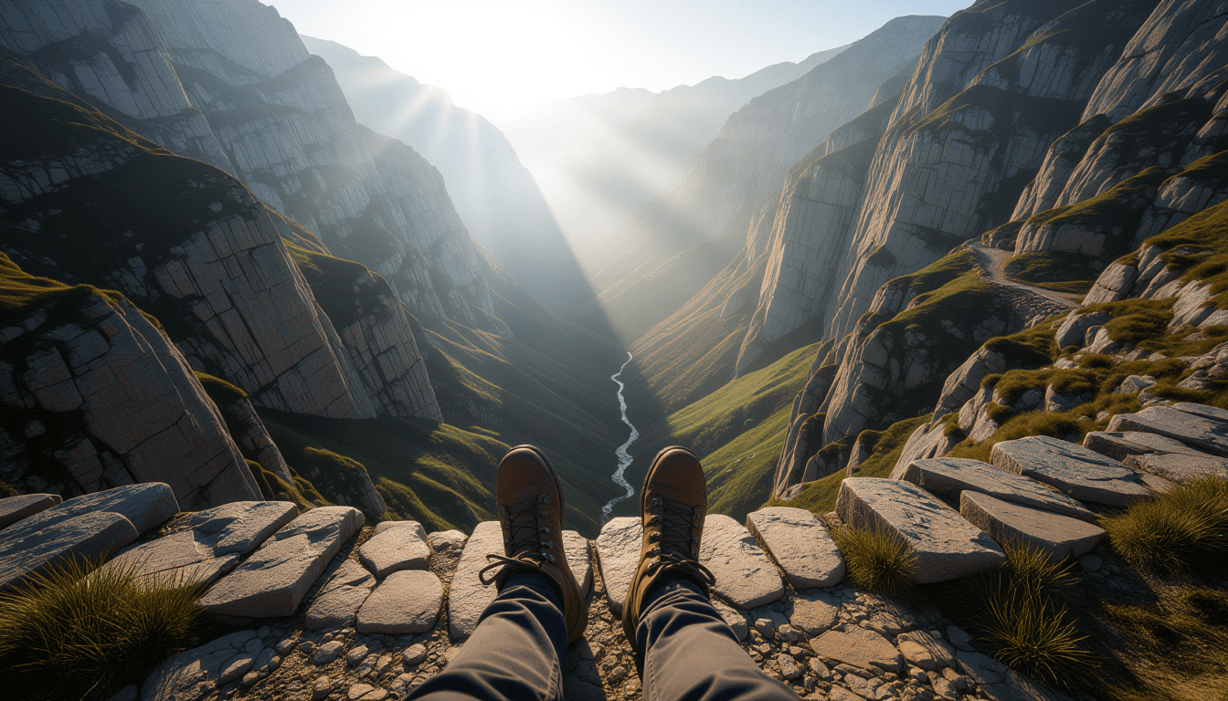 Misty morning light filters through a rugged mountain pass, illuminating a narrow, winding trail whe