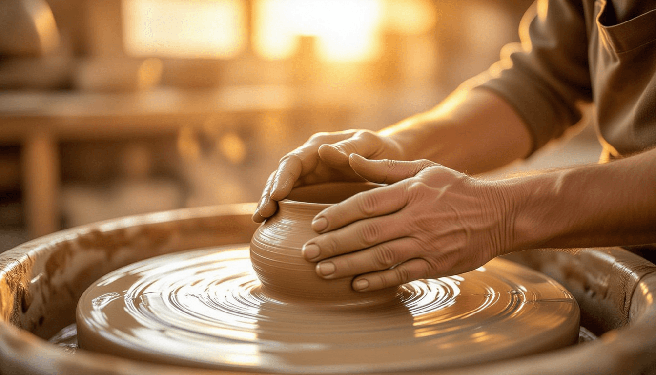 Golden hour light washes over a potter’s calloused hands, fingers firmly kneading wet, dark clay on