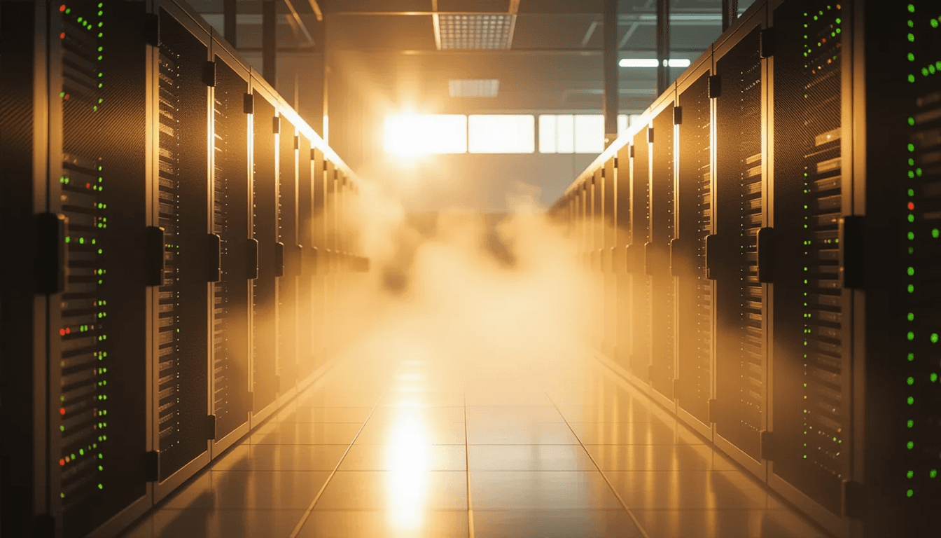Misty morning fog drifts through an industrial server room, where sharp golden-hour sunbeams cut thr