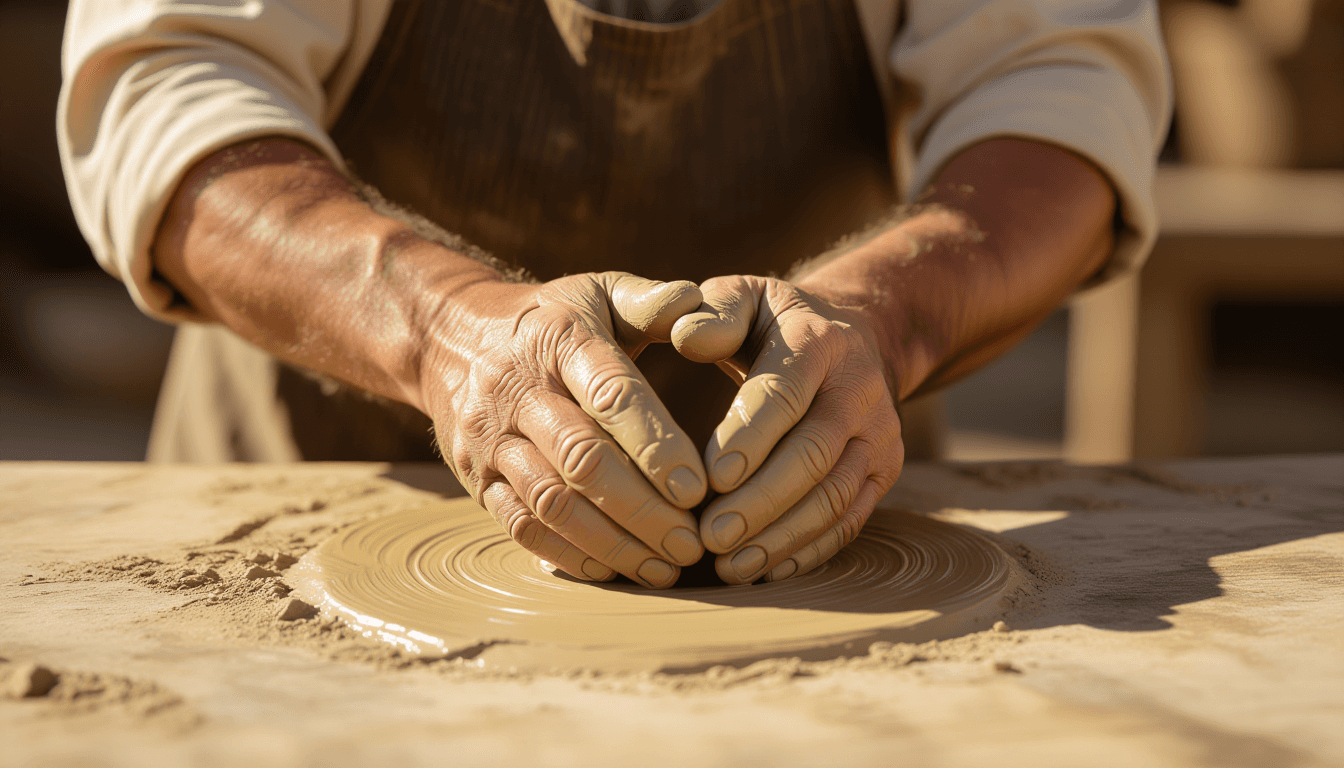 Sun-worn hands knead damp clay on a rustic wooden table, shallow depth of field blurring the backgro