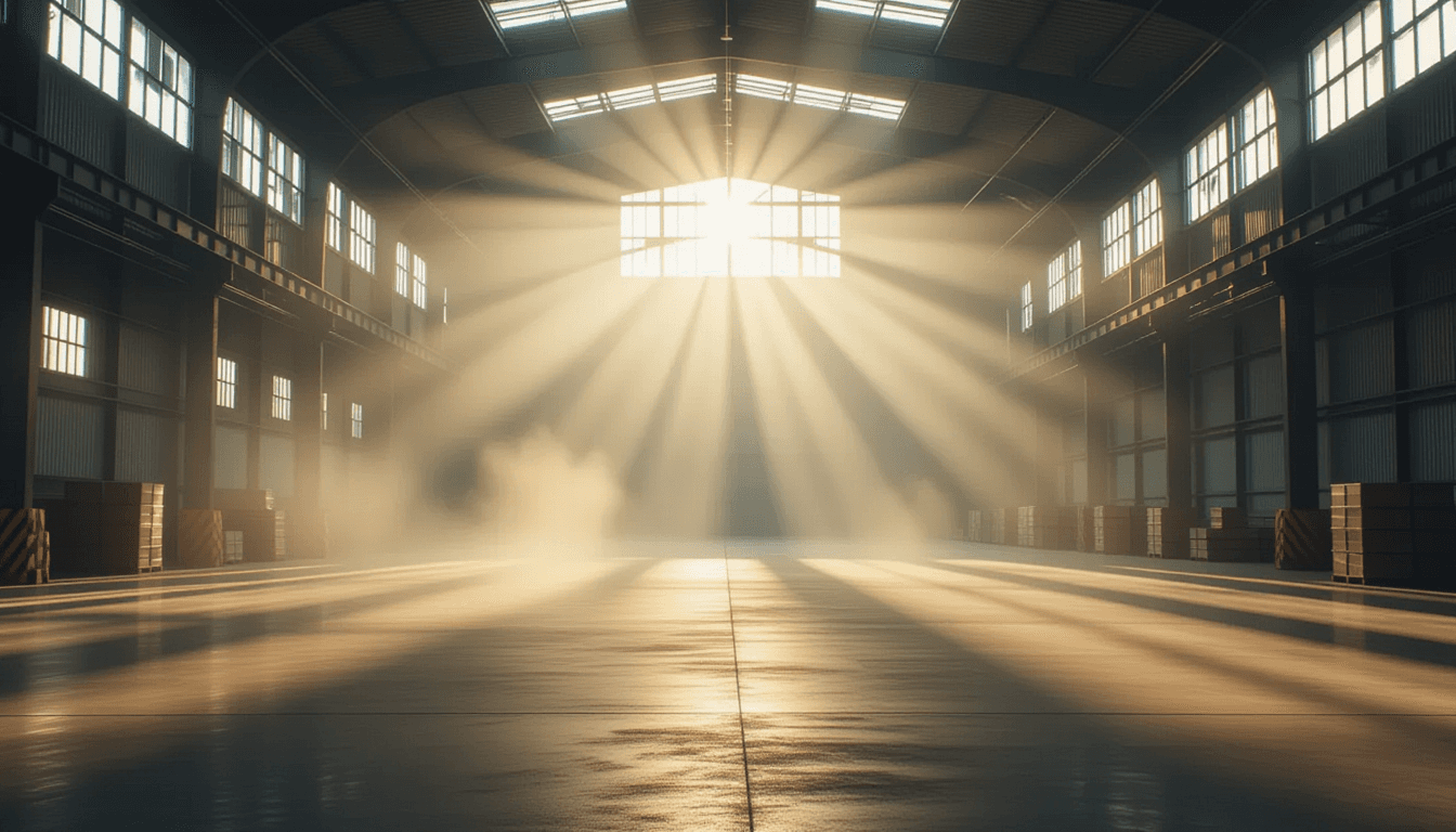 Sunlight pierces through dense morning fog in a vast industrial warehouse, creating volumetric god r