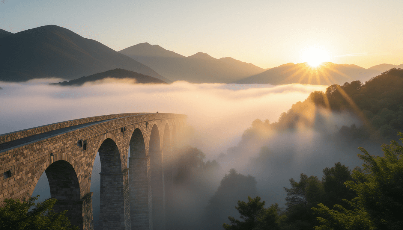 A mist-shrouded stone bridge spans a deep gorge at golden hour, its weathered arches leading toward