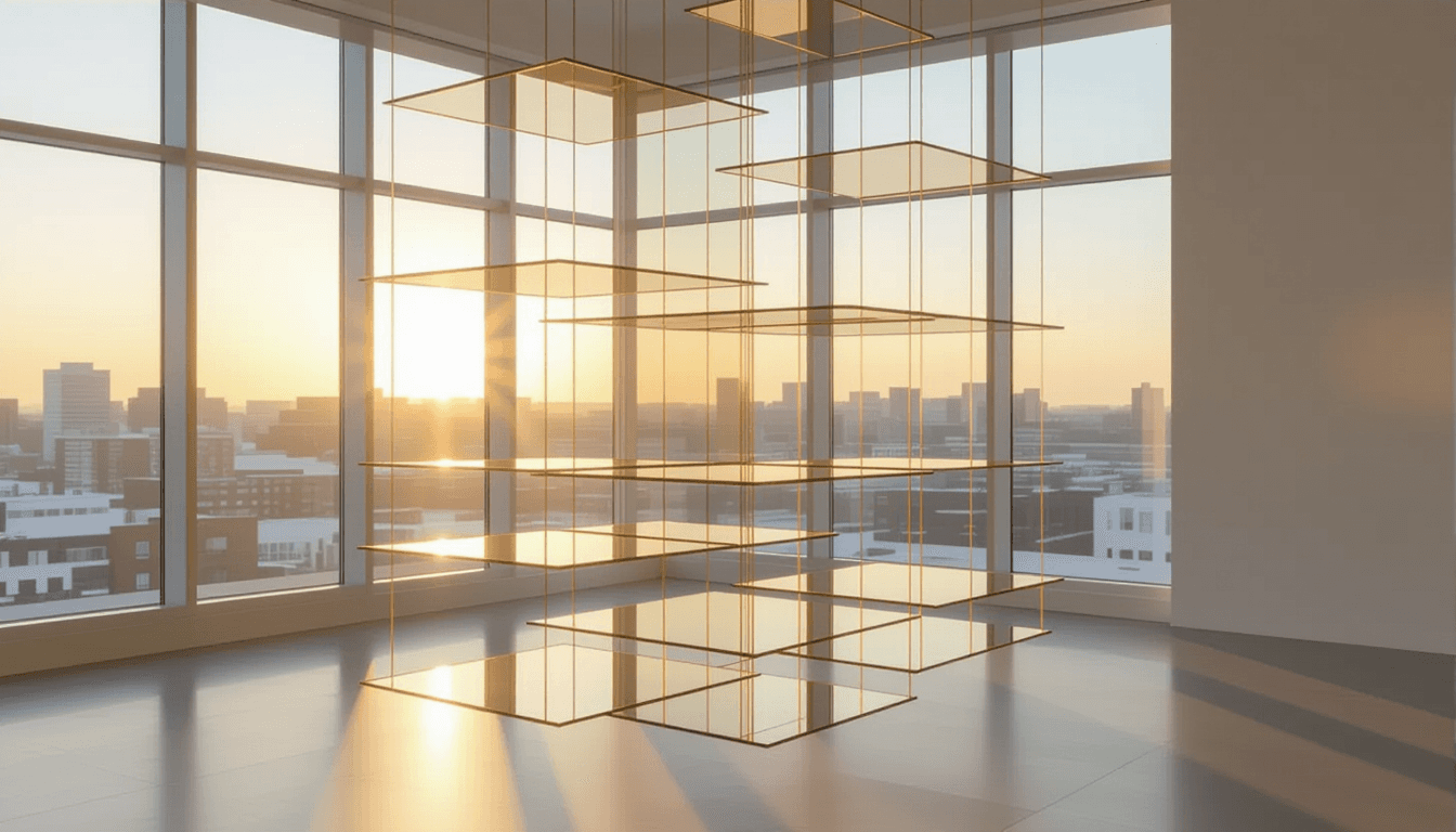 Golden hour light fractures through stacked, translucent geometric glass planes suspended in a minim