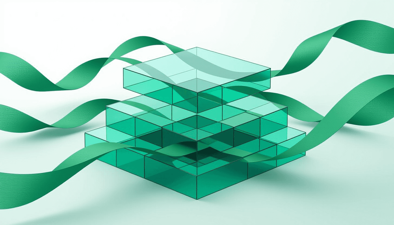 Layered translucent platforms float in a gradient, separated by flowing emerald ribbons that weave t