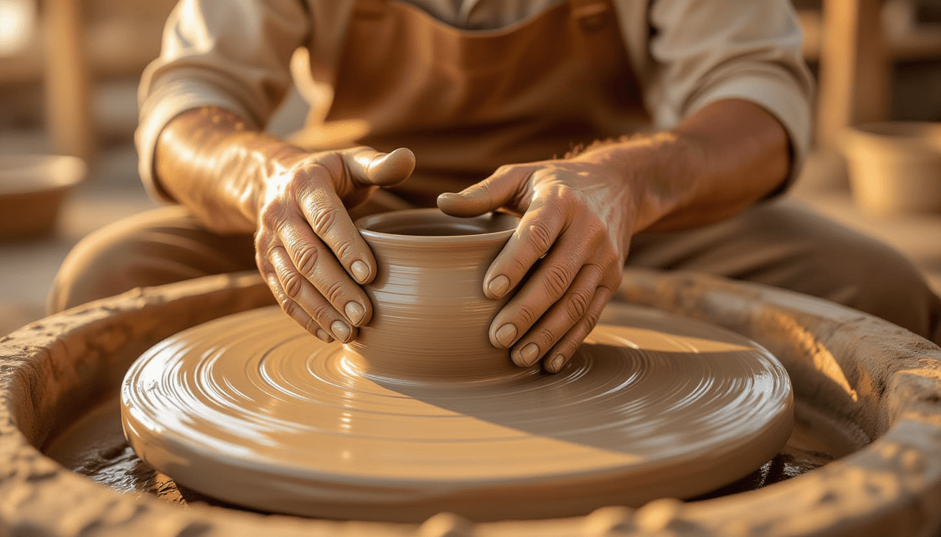 Golden hour light washes over calloused hands pressing wet clay into a precise form on a spinning wh