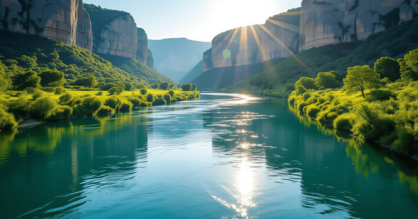 Sunlight glints off the surface of a wide, slow-moving river as it carves through a limestone valley