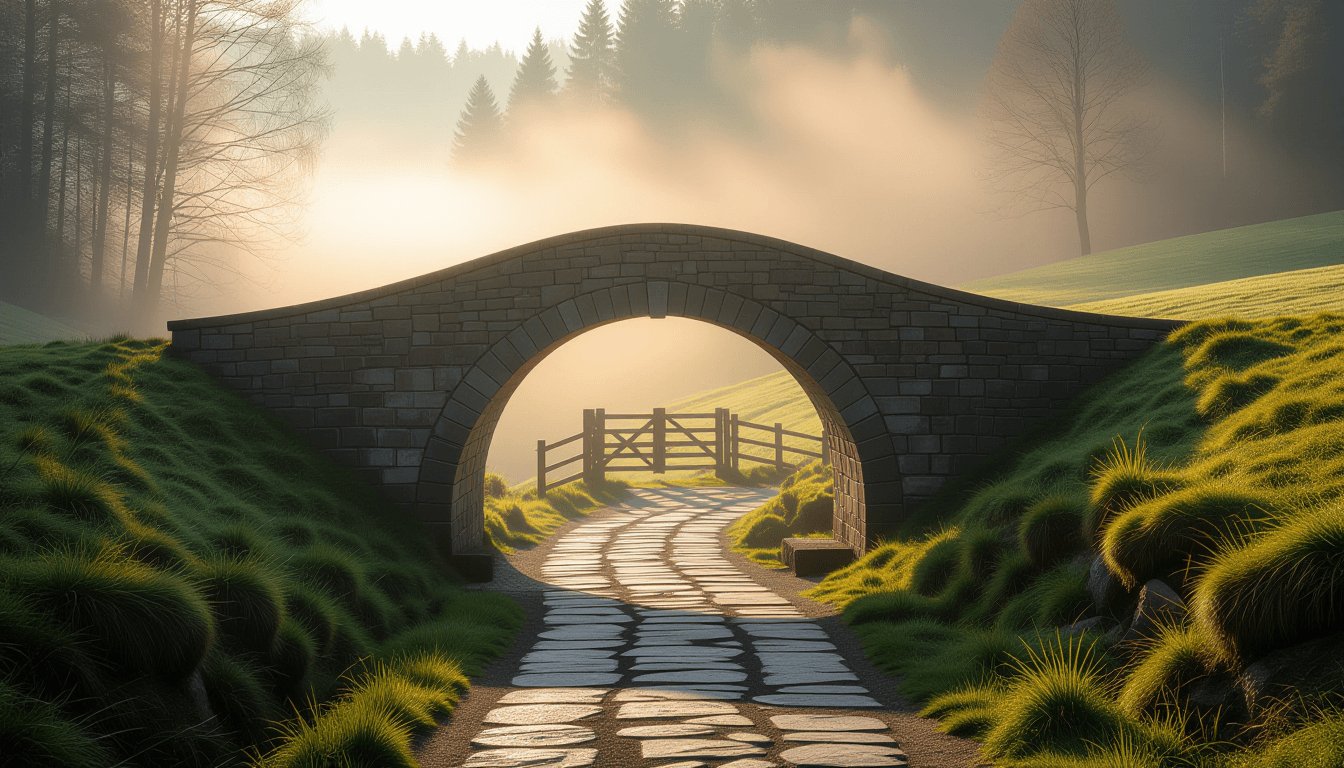Sunrise illuminates a stone bridge arching over a misty ravine, its path winding toward a distant, o