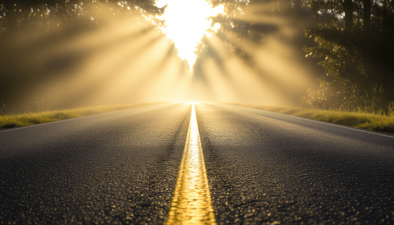 Morning fog clings to a quiet asphalt road while sharp sunbeams pierce through the mist, illuminatin