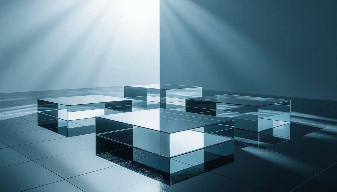 Floating geometric glass platforms rise from a dark, reflective floor under cool, diffused light. Th