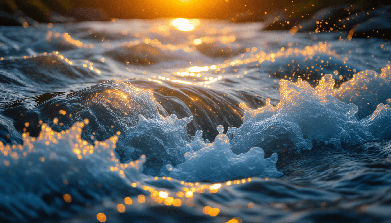 Golden hour light cuts through the turbulent surface of a rushing river, where chaotic eddies and sw