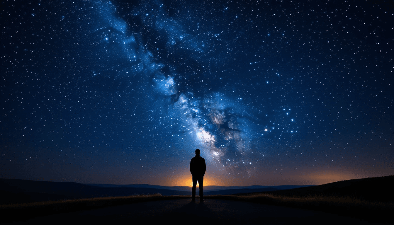 A lone consultant stands silhouetted against a vast, star-dusted night sky, the Milky Way stretching