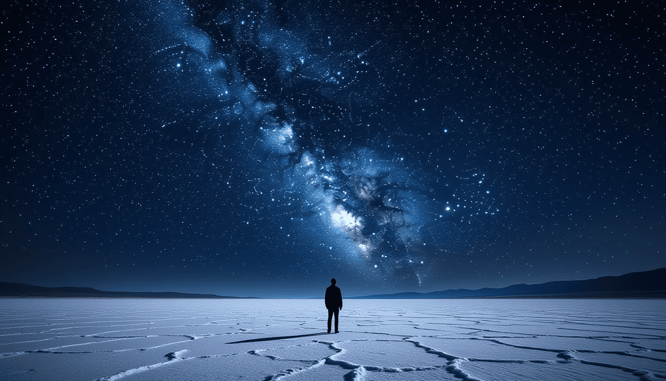 A lone figure stands on a barren salt flat under a star-strewn, pitch-black sky, dwarfed by the Milk
