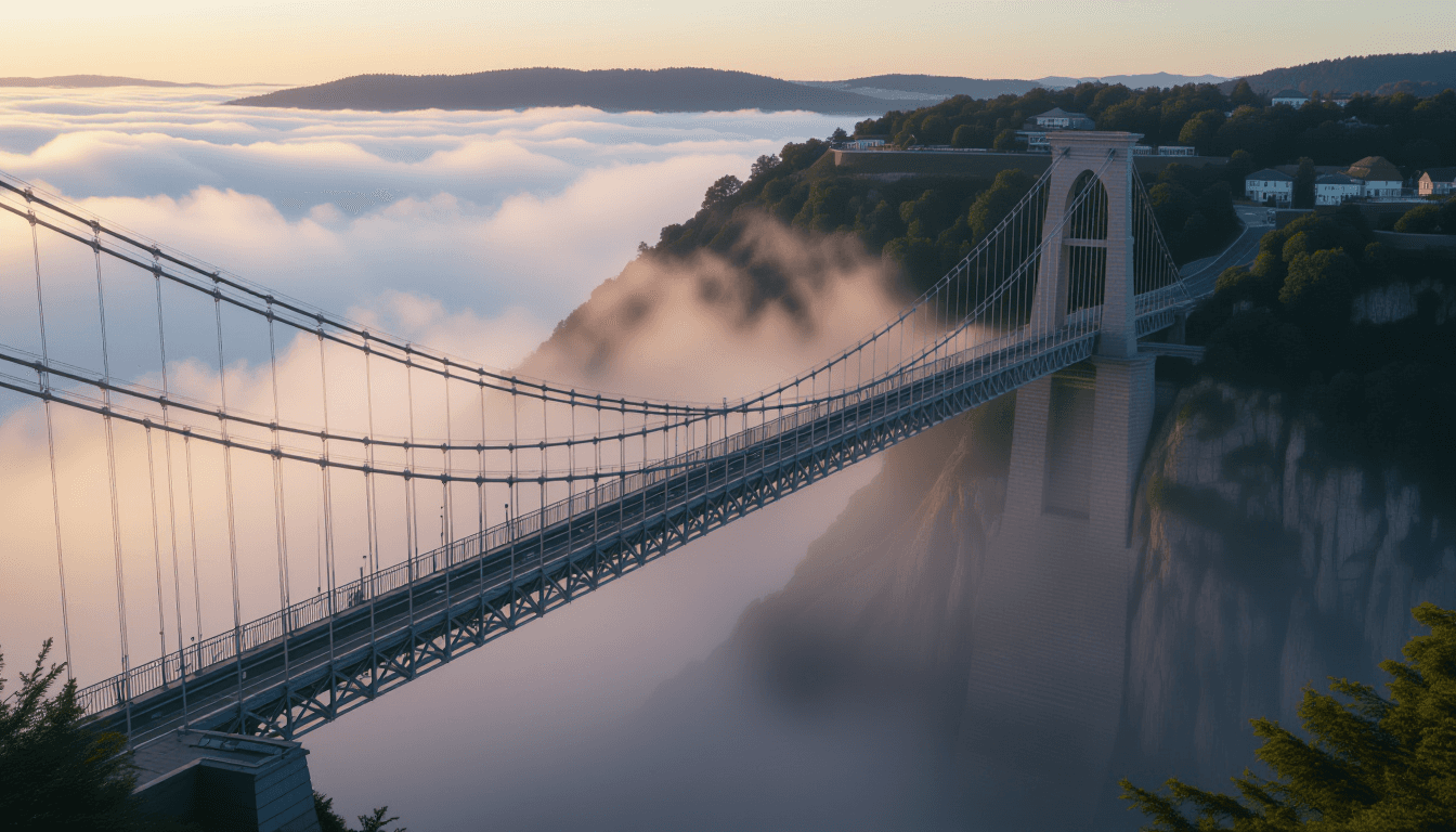 A mist-shrouded suspension bridge spans a deep gorge at dawn, its weathered cables catching the firs