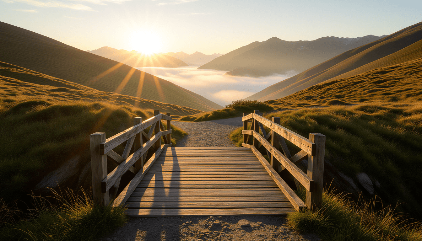 Sunset light spills across a rustic wooden footbridge spanning a deep, shadowed ravine, leading towa