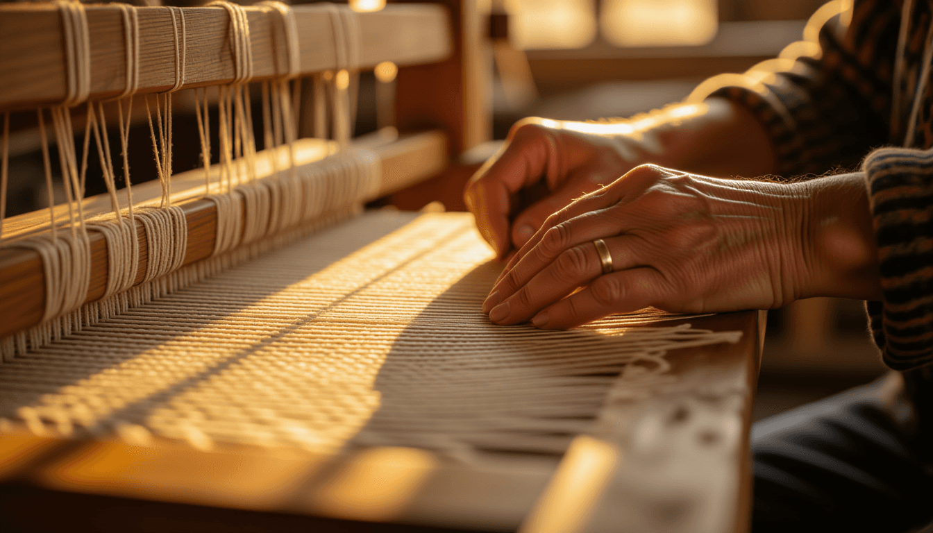 Golden hour light washes over weathered hands carefully weaving intricate threads on a wooden loom