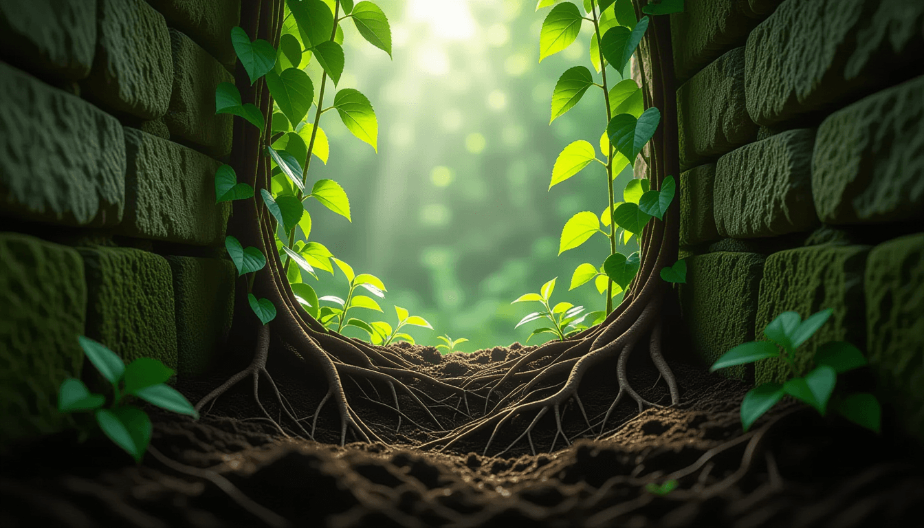 Sunlight filters through dense green vines climbing a weathered stone wall, highlighting fresh new s