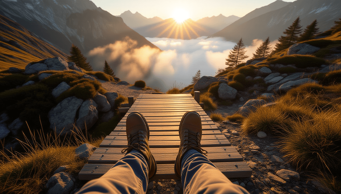 Golden hour light spills across a rugged mountain trail, where worn boots step onto a sturdy wooden
