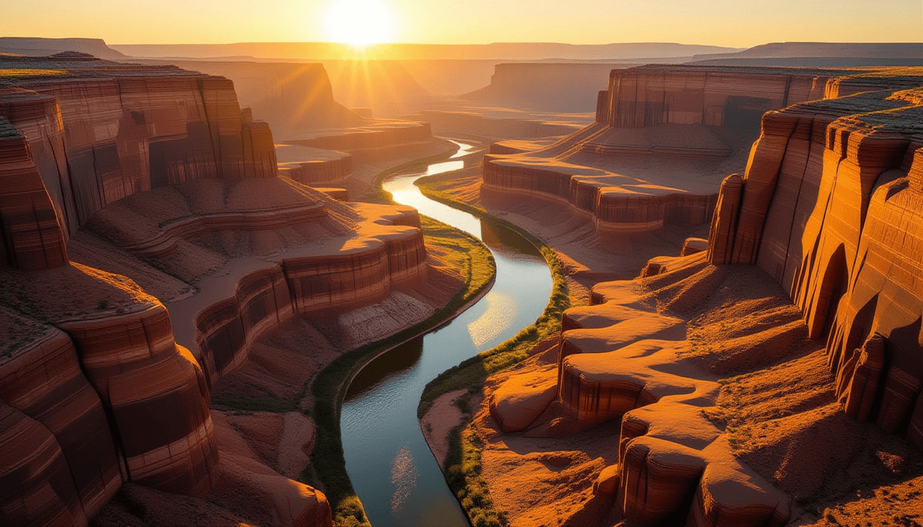 A drone shot captures a winding river carving through a vast, sun-drenched canyon at golden hour, em