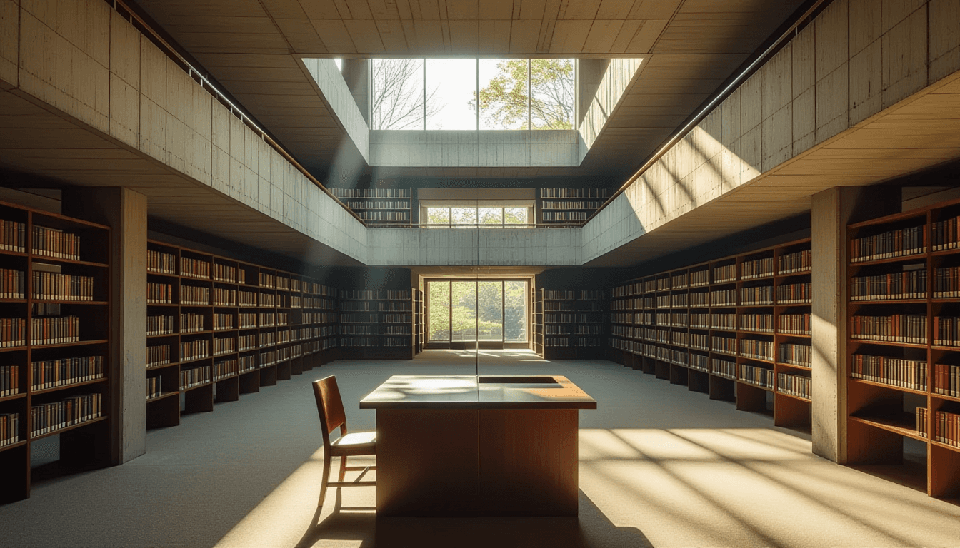 Morning light floods through the ribbed concrete ribs of a brutalist library, illuminating dust mote