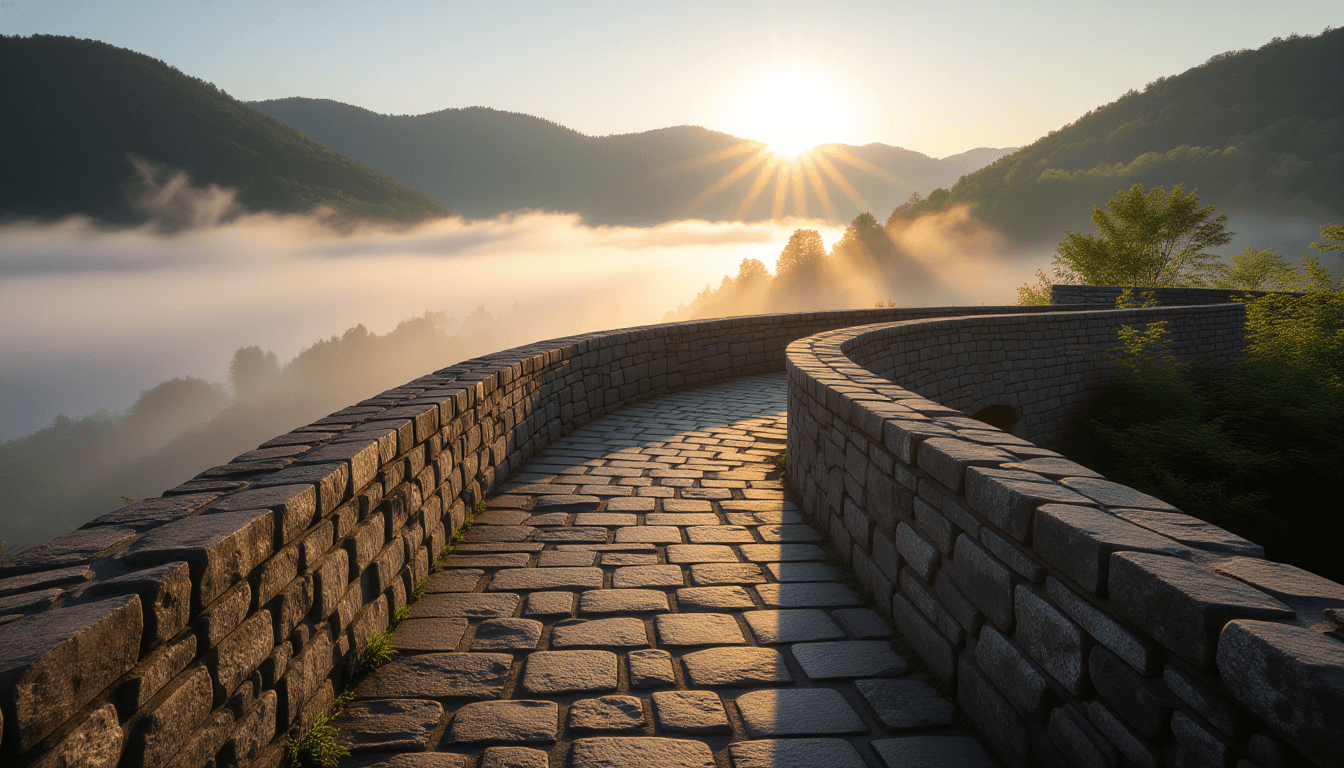 A narrow stone bridge spans a misty valley at dawn, its worn steps leading toward a sunlit ridge. Sh