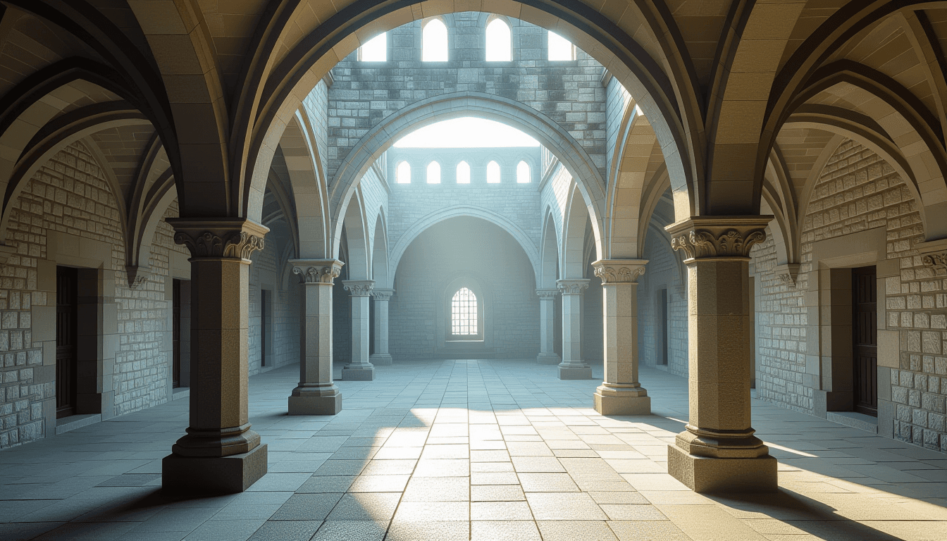 Morning light spills through a series of weathered stone arches in a sunken courtyard, highlighting