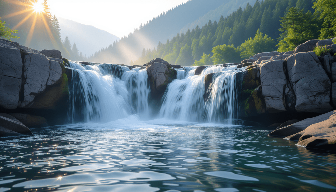 Misty dawn light spills over a cascading river waterfall, capturing the raw power of clear, unobstru
