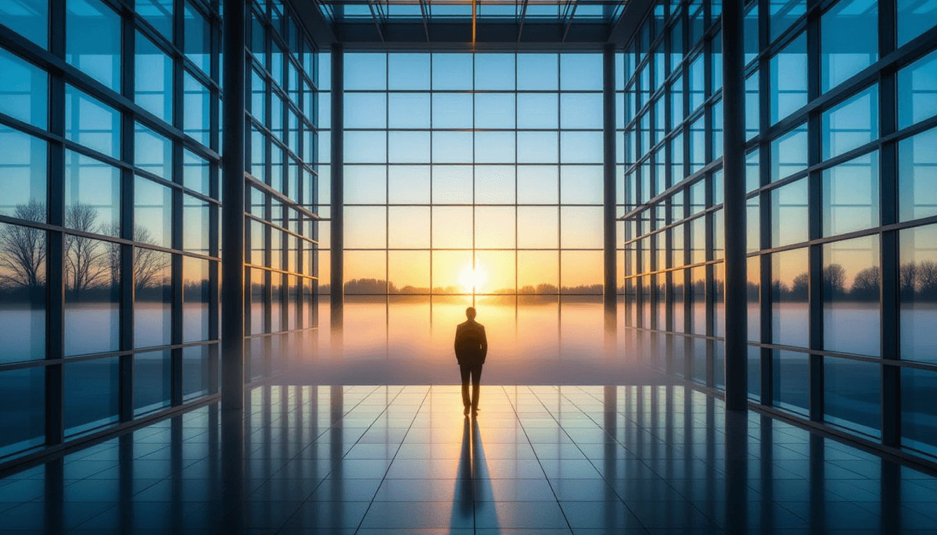 Fog rolls through a modern glass atrium at dawn, with sharp sunbeams piercing the mist to illuminate