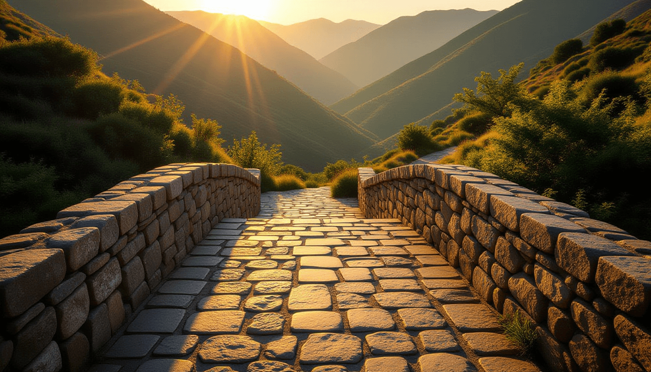 Golden hour light spills over a rustic stone bridge spanning a deep, shadowed valley. The perspectiv