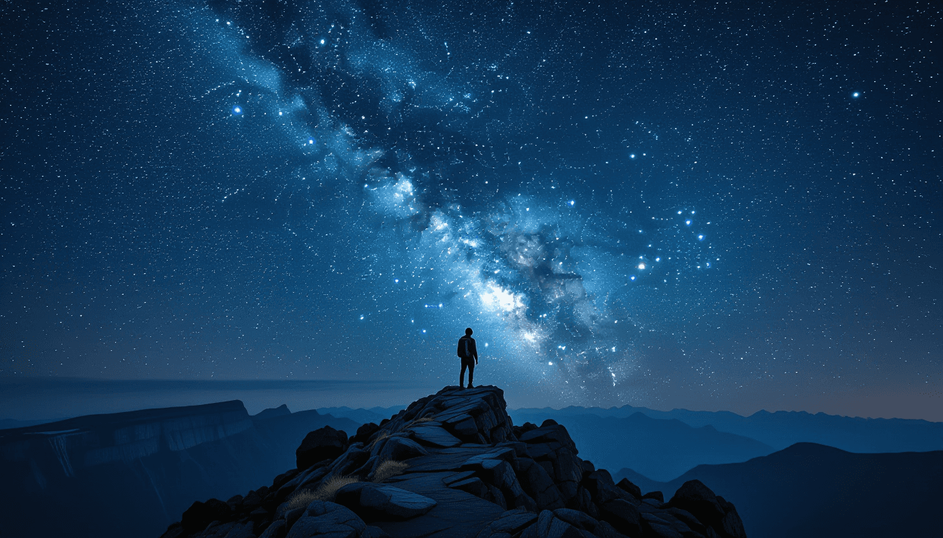 A lone hiker stands on a jagged basalt ridge under a velvet night sky, dwarfed by the sprawling, lum
