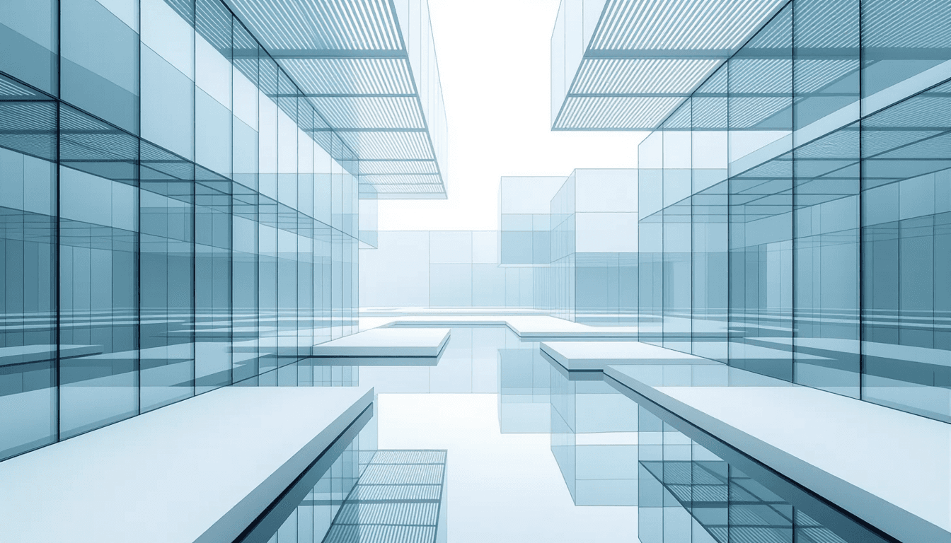 Overcast light diffuses through layered translucent planes, their geometric edges slicing the air li