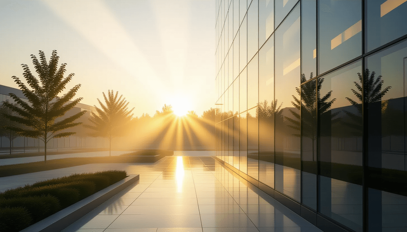 Golden hour sun pierces through morning mist over a modern glass office facade, creating distinct vo