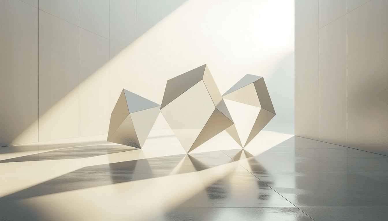 Translucent geometric planes float in a sunlit void, casting sharp, tessellated shadows across a mat
