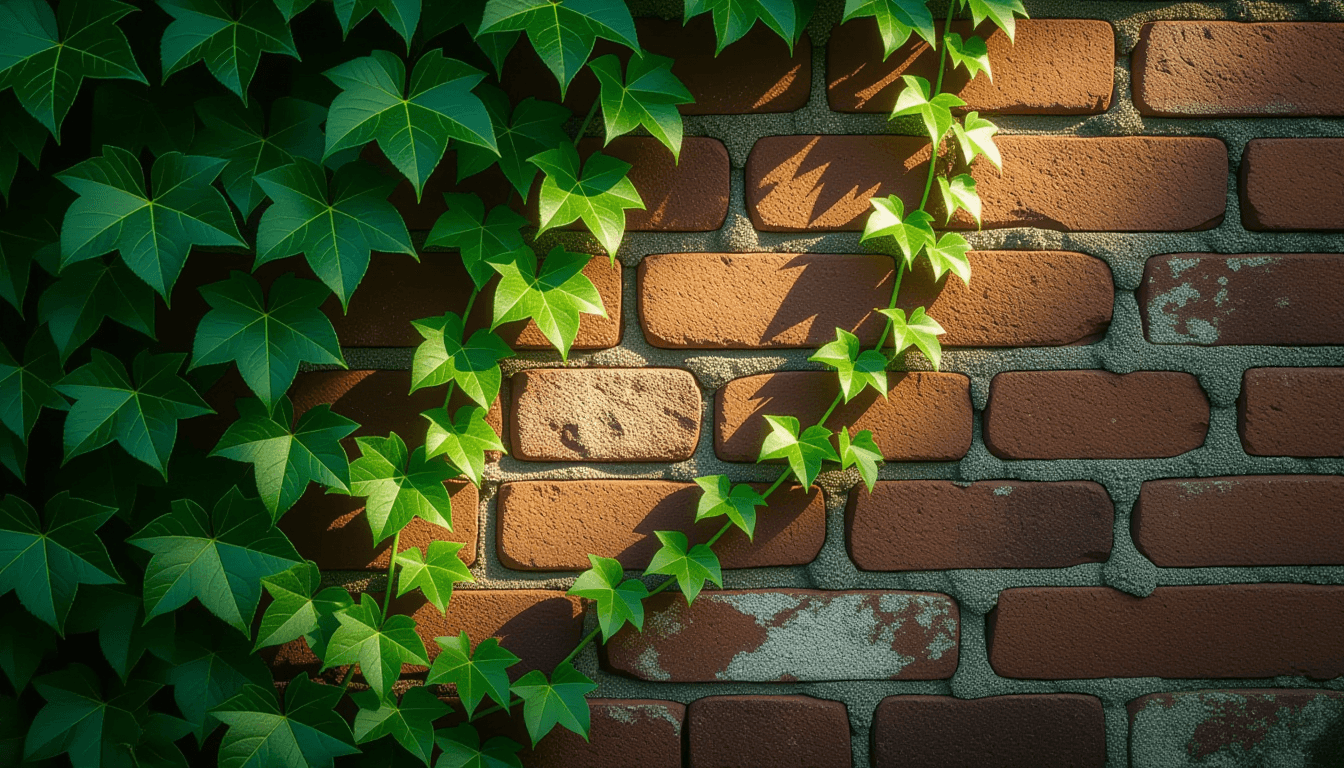 Sunlight filters through dense ivy wrapping around weathered brick, highlighting new green shoots em