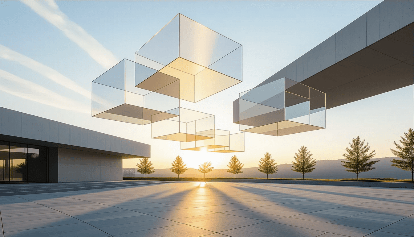 Sunset light catches floating translucent acrylic planes suspended above a sleek concrete plaza, the