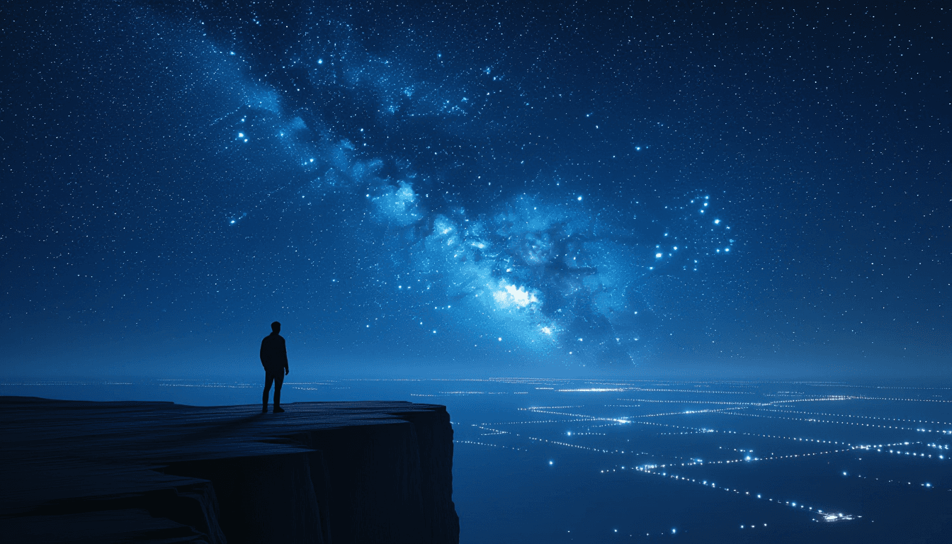 A lone developer stands on a barren cliff edge, silhouetted against a vast, star-strewn night sky, c