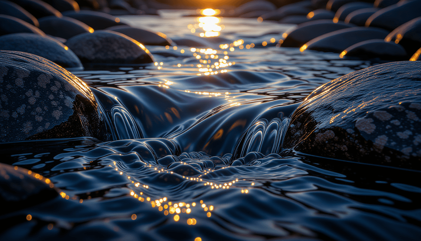 Golden hour light glints off the smooth, dark granite of a rushing riverbed, capturing the fluid mot
