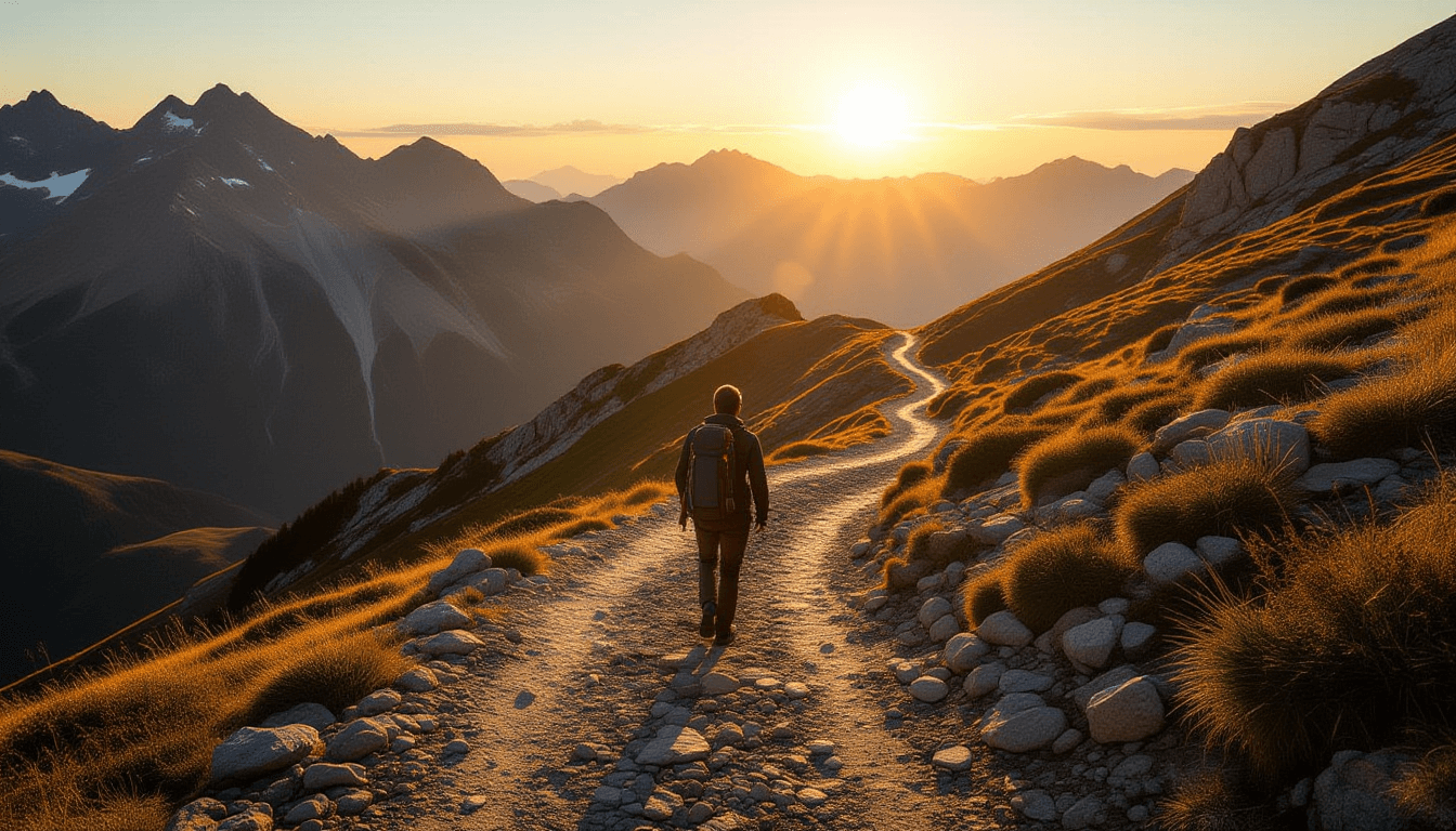 A lone figure trudges up a rugged, winding mountain pass at golden hour, the long path stretching en