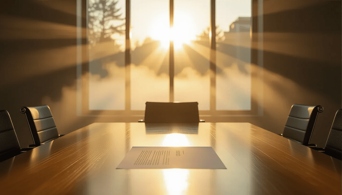 Golden hour sun slices through morning fog in a minimalist conference room, casting long, sharp beam