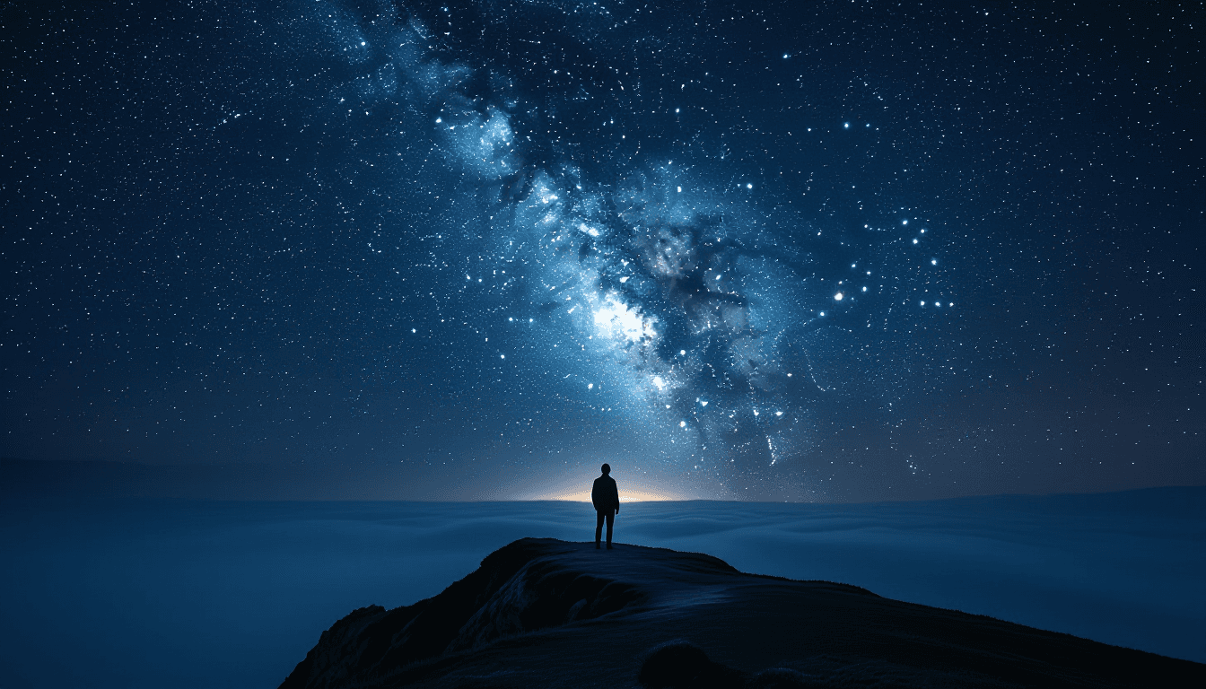 A solitary silhouette stands on a windswept cliff edge, dwarfed by the vast, star-strewn Milky Way a