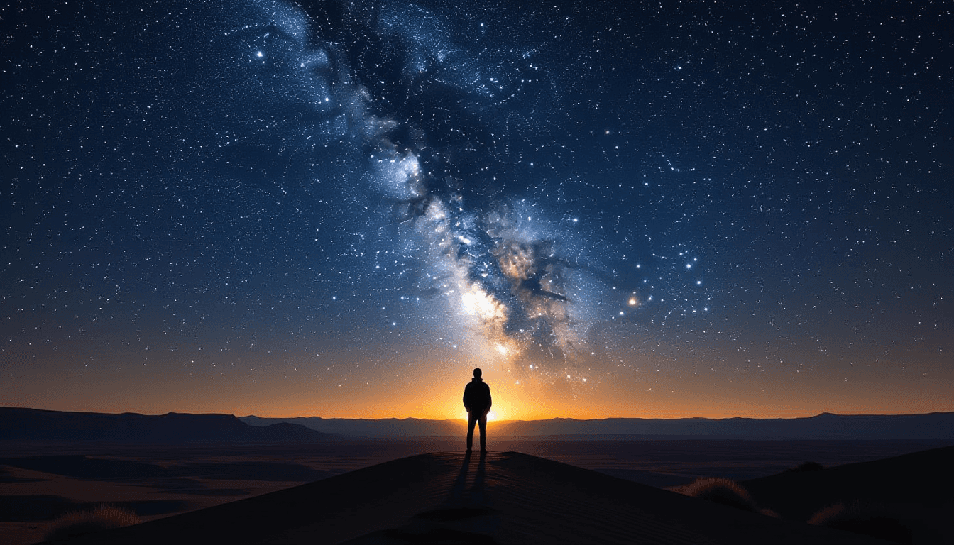 A silhouetted figure stands on a stark desert ridge at twilight, gazing up at the dense, towering ba