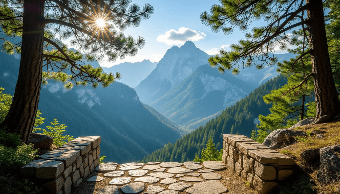 Sunlight filters through pine branches onto a rugged mountain pass, where a stone bridge spans a dee
