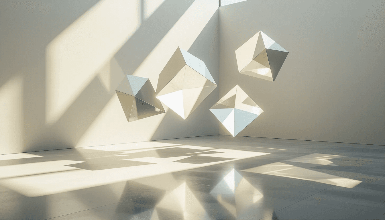 Translucent geometric planes float in a sunlit void, casting sharp, layered shadows on a polished co