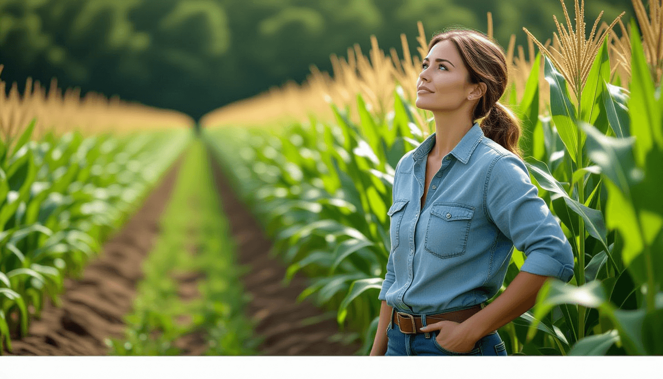Low-angle shot from the furrow line. A woman in her thirties, wearing a faded denim shirt and work b