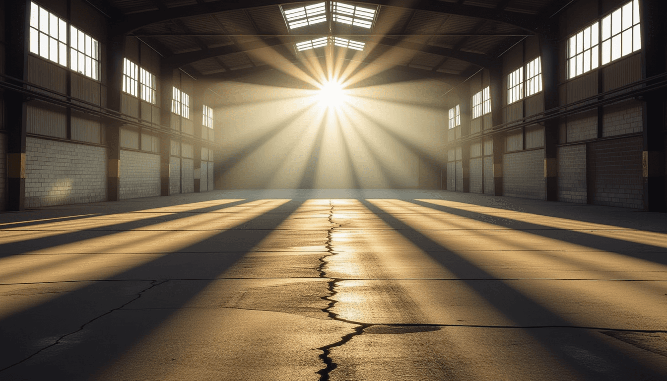 Sunbeams pierce dense morning fog across an empty, sun-bleached warehouse floor, casting sharp geome