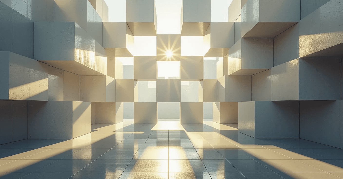 Sunlight pierces through stacked, translucent geometric planes arranged in a tessellated grid, casti