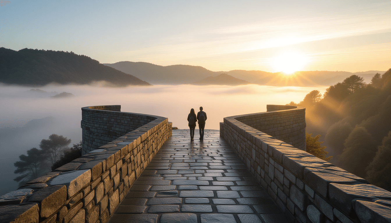 A narrow stone bridge spans a misty gorge at dawn, one side rough-hewn and ancient, the other sleek