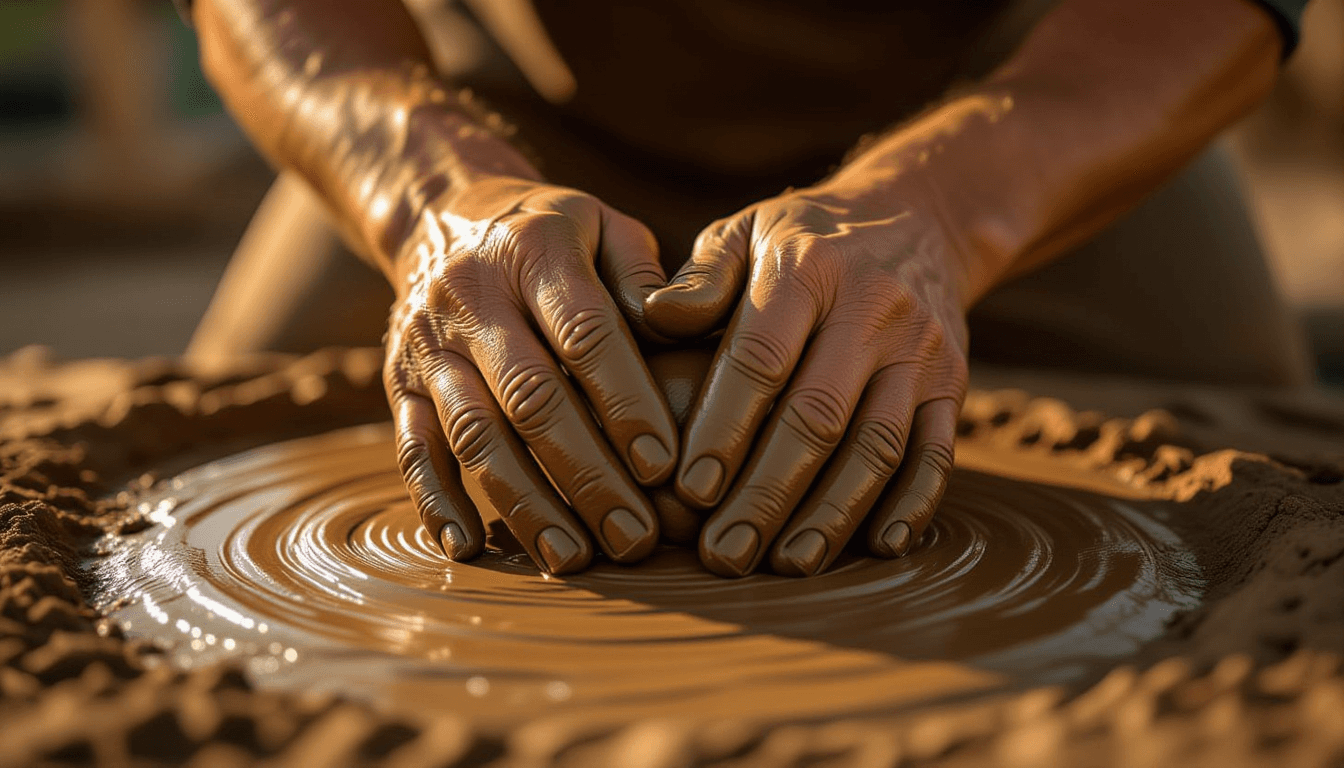 Golden hour light glints off weathered fingertips kneading rich, dark clay, the shallow depth of fie