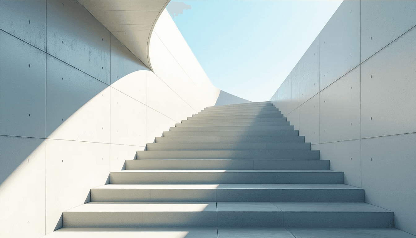 A sun-drenched concrete staircase spirals upward, its repetitive steps casting long, sharp shadows t