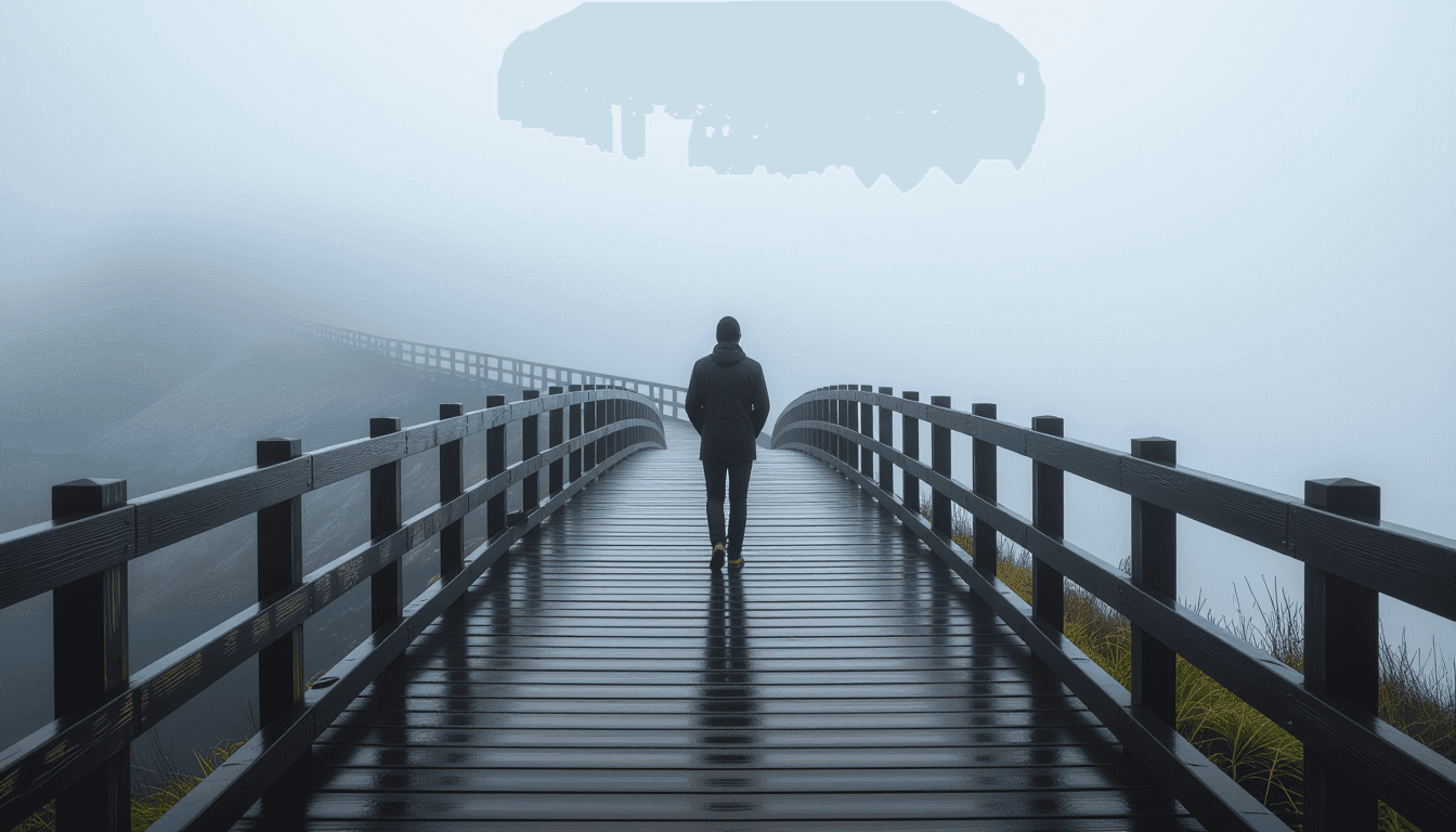 A lone figure pauses on a weathered wooden bridge spanning a misty chasm, the path ahead disappearin