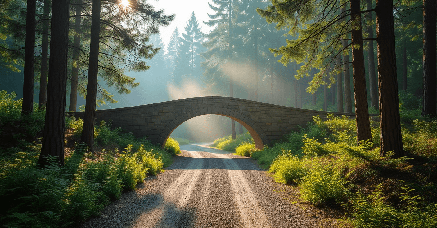 Sunlit gravel trail winds through dense pine forest toward a stone bridge spanning a misty chasm, ca